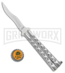 Kriss Blade Silver Butterfly Balisong Knife - Satin Plain -Gerber Knives Store 9in Silver Butterfly Kriss Blade Satin GX 2609 jr bottlecap large