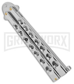 Kriss Blade Silver Butterfly Balisong Knife - Satin Plain -Gerber Knives Store 9in Silver Butterfly Kriss Blade Satin GX 2609 jr side large