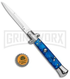 9" Anomaly Stiletto Blue Pearlex Automatic Knife - Satin Bayonet -Gerber Knives Store AKC 9in Blue Pearlex Acrylic Auto Italian Bayo Stiletto Satin GX 37998 jr bottlecap large