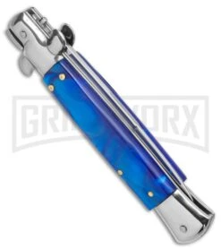 9" Anomaly Stiletto Blue Pearlex Automatic Knife - Satin Bayonet -Gerber Knives Store AKC 9in Blue Pearlex Acrylic Auto Italian Bayo Stiletto Satin GX 37998 jr side large