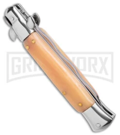 9" Anomaly Stiletto Red Marble Pearlex Automatic Knife - Satin Kriss -Gerber Knives Store Anomally 9in Stiletto Red Pearlex Bone Auto Satin Kriss BHQ 162125 jr side large