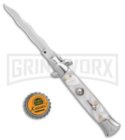9" Anomaly Stiletto White Pearlex Automatic Knife - Kriss Satin Plain -Gerber Knives Store Anomally 9in Stiletto White Pearlex Auto Satin Kriss BHQ 163544 jr bottlecap large
