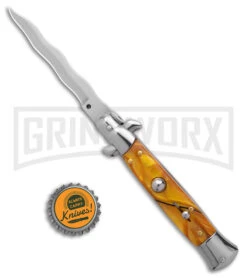 9" Anomaly Stiletto Yellow Pearlex Automatic Knife - Satin Kriss -Gerber Knives Store Anomally 9in Stiletto Yellow Pearlex Auto Satin Kriss BHQ 162148 jr bottlecap large