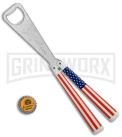 BB Barfly USA Flag Bottle Opener Butterfly Trainer - Satin 4TH18 -Gerber Knives Store BB Barfly Bottle Opener Butterfly Trainer USA Flag BHQ 68442 jr bottlecap large