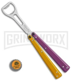 BB Barfly Pro Purple/Yellow Bottle Opener Butterlfy Trainer -Gerber Knives Store BB Barfly Pro Model Bottle Opener Butterfly Trainer Purple Yellow BHQ 87778 er bottlecap large