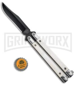 Bear And Son White Smooth Bone Balisong Butterfly Knife - Black Plain -Gerber Knives Store Bear Butterfly Knife White Smooth Bone Handle Black WSB17 BHQ 14380 jr bottlecap large