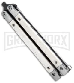 Bear And Son White Smooth Bone Balisong Butterfly Knife - Black Plain -Gerber Knives Store Bear Butterfly Knife White Smooth Bone Handle Black WSB17 BHQ 14380 jr side large