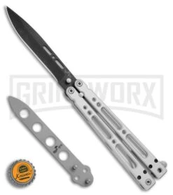 Bear OPS Bear Song IV Silver Balisong Butterfly Knife W/Trainer - Black Plain -Gerber Knives Store Bear Ops Bear Song IV Aluminum trainer black BHQ 74868 er bottlecap large