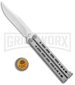 Bear Ops Bear Song VIII Gray Butterfly Knife - Clip Point Satin Plain -Gerber Knives Store Bear Ops Bear Song VIII Butterfly DP Satin B 800 SS S BHQ 102069 jr bottlecap large