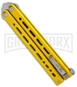 Bear Ops Bear Song VIII Yellow Butterfly Knife - Tanto Satin Plain -Gerber Knives Store Bear Ops Bear Song VIII Butterfly Yellow Tanto Satin B 810 SSYW S BHQ 124341 jr side large