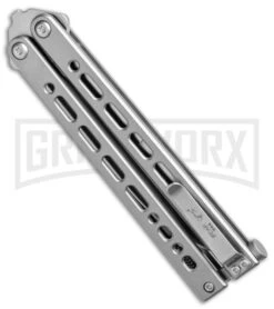Bear Ops Bear Song VIII Small Gray Butterfly Knife - Bayonet Satin Plain -Gerber Knives Store Bear Ops Bear Song VIII Small Butterfly Gray Satin Bayo BHQ 145125 jr side large