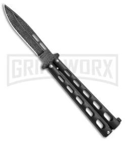 Bear & Son 115D Black Butterfly Knife - Damascus Plain