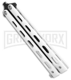 Bear & Son 115W White Butterfly Knife - Black Plain 4TH18 -Gerber Knives Store Bear Son Large Clip Point Butterfly Knife White 4in Black BHQ 77306 td side large