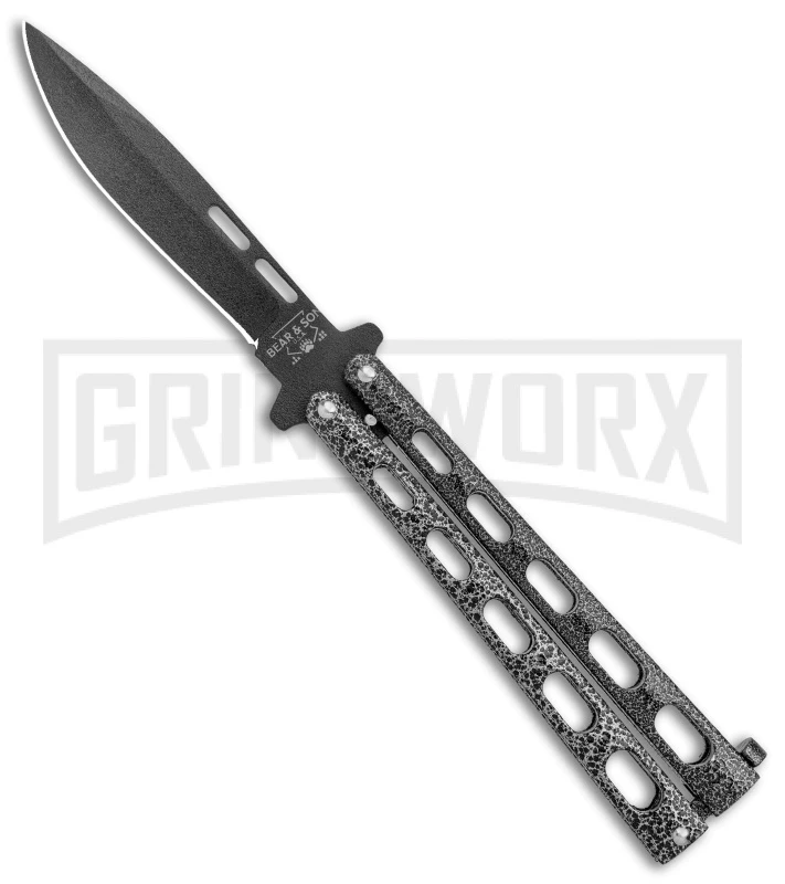 Bear & Son 115 Silver Speckle Butterfly Knife - Black Plain 1 Bear & Son 115 Silver Speckle Butterfly Knife - Black Plain
