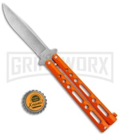Bear & Son Butterfly Knife Orange Steel - Clip Point Plain -Gerber Knives Store Bear and Son Butterfly Orange SW BHQ 135322 jr bottlecap large