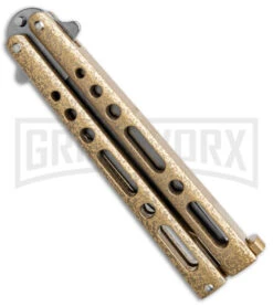 Bear & Son 117 Gold Stonewash Butterfly Knife - Stonewash Plain -Gerber Knives Store Bear and Son Large Butterfly Gold SW BHQ 140254 jr side large
