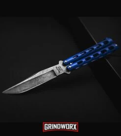 Bear And Son Knives Blue Balisong Butterfly Knife - Damascus Plain -Gerber Knives Store Bear and son butterfly blue damascus 114bld BHQ 36772 dl large