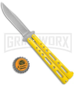 Benchmark Yellow Epoxy Steel Butterfly Knife - Stonewash Plain -Gerber Knives Store Benchmark Butterfly Yellow SW BHQ 137769 jr bottlecap large