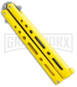 Benchmark Yellow Epoxy Steel Butterfly Knife - Stonewash Plain -Gerber Knives Store Benchmark Butterfly Yellow SW BHQ 137769 jr side large