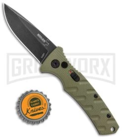 Boker Mini Strike Automatic Knife OD Green - Drop Point Black SW Plain -Gerber Knives Store Boker Mini Strike Auto OD Green Smokewash 01BO437NSOI BHQ 99630 jr bottlecap large