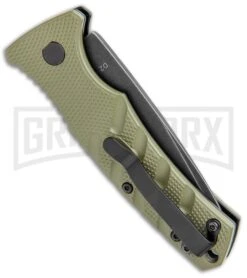 Boker Mini Strike Automatic Knife OD Green - Drop Point Black SW Plain -Gerber Knives Store Boker Mini Strike Auto OD Green Smokewash 01BO437NSOI BHQ 99630 jr side large