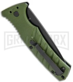 Boker Plus Strike OD Green Automatic Knife - Drop Point Black Plain -Gerber Knives Store Boker Plus Strike DP Auto OD Green Black BHQ 97033 jr side large