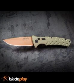 Boker Plus Strike Desert Warrior OD Green Automatic Knife - D2 Drop Point Copper -Gerber Knives Store Boker Plus Strike Desert Warrior OD Green Automatic Knife Drop Point Chopper BP20049 kp large