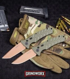 Boker Plus Strike Desert Warrior OD Green Automatic Knife - Tanto Copper Plain -Gerber Knives Store Boker Strike Drop Point Desert Warrior Automatic Knife OD Green Copper BHQ 70998 kp tactical webv large