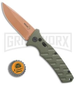 Boker Plus Strike Desert Warrior OD Green Automatic Knife - D2 Drop Point Copper -Gerber Knives Store Boker Strike drop point Desert Warrior OD Green copper BHQ 70998 er bottlecap large