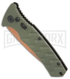 Boker Plus Strike Desert Warrior OD Green Automatic Knife - D2 Drop Point Copper -Gerber Knives Store Boker Strike drop point Desert Warrior OD Green copper BHQ 70998 er spine large