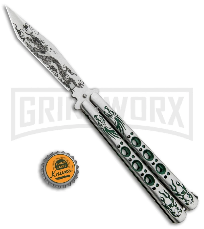 Butterfly Knife Green Dragon Etched Blade - Satin Tanto 4 Butterfly Knife Green Dragon Etched Blade - Satin Tanto - Image 4