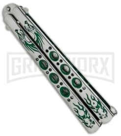 Butterfly Knife Green Dragon Etched Blade - Satin Tanto 6 Butterfly Knife Green Dragon Etched Blade - Satin Tanto -Gerber Knives Store Butterfly Knife Green Dragon Etched Blade PK4 GX 32065 jr side large