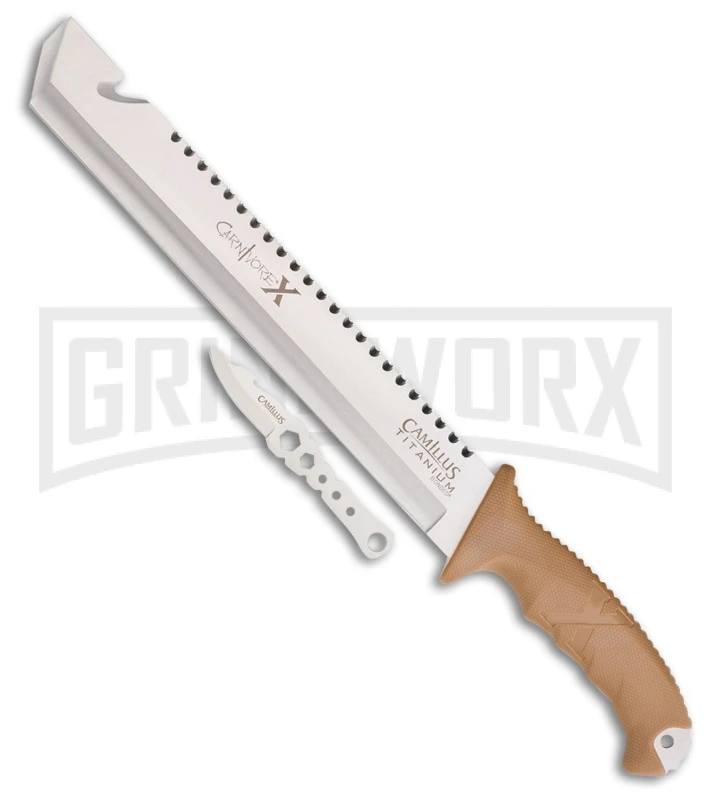 Camillus Carnivore X Tan Zytel Machete W/ Fixed Blade Knife - Satin Plain 1 Camillus Carnivore X Tan Zytel Machete W/ Fixed Blade Knife - Satin Plain