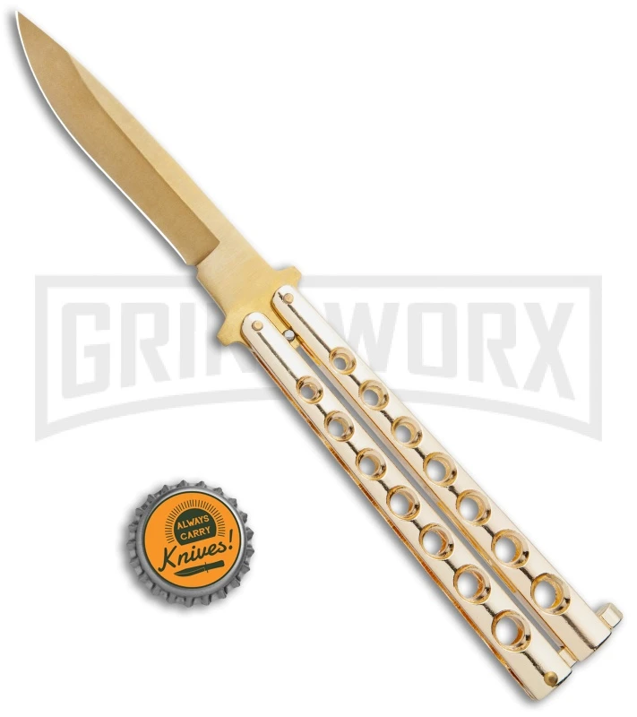 Flick Blue Balisong Butterfly Knife Gold - Drop Point Gold Plain 4 Flick Blue Balisong Butterfly Knife Gold - Drop Point Gold Plain - Image 4
