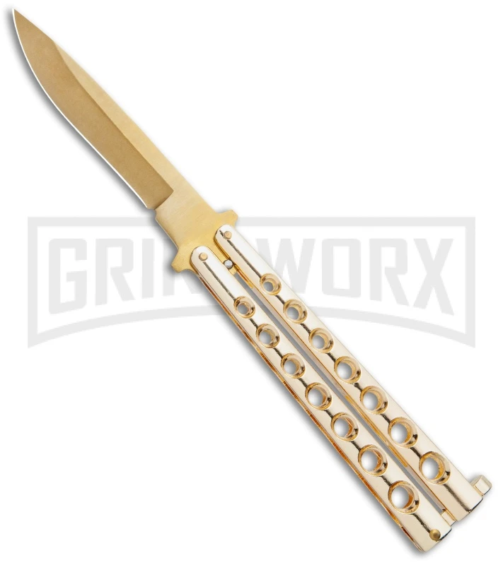 Flick Blue Balisong Butterfly Knife Gold - Drop Point Gold Plain 1 Flick Blue Balisong Butterfly Knife Gold - Drop Point Gold Plain