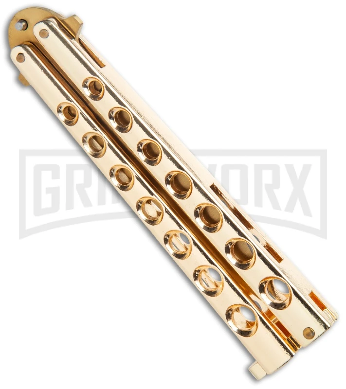 Flick Blue Balisong Butterfly Knife Gold - Drop Point Gold Plain 2 Flick Blue Balisong Butterfly Knife Gold - Drop Point Gold Plain - Image 2