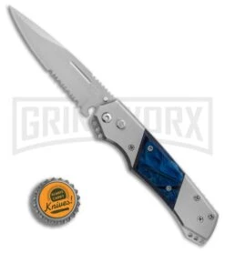 Super Knife Croc Automatic Knife Stainless W/ Blue Inlay - Satin Serr 7 Super Knife Croc Automatic Knife Stainless W/ Blue Inlay - Satin Serr -Gerber Knives Store GA303MBL BP 25774 er bottlecap large
