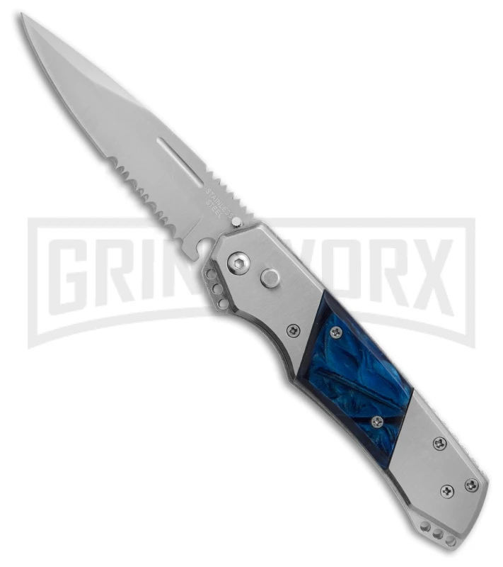 Super Knife Croc Automatic Knife Stainless W/ Blue Inlay - Satin Serr 1 Super Knife Croc Automatic Knife Stainless W/ Blue Inlay - Satin Serr