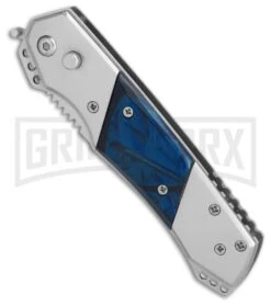 Super Knife Croc Automatic Knife Stainless W/ Blue Inlay - Satin Serr 6 Super Knife Croc Automatic Knife Stainless W/ Blue Inlay - Satin Serr -Gerber Knives Store GA303MBL BP 25774 er spine large