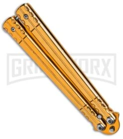 Chalkhill Balisong Butterfly Knife - Gold Tanto 6 Chalkhill Balisong Butterfly Knife - Gold Tanto -Gerber Knives Store Gold Balisong Clip Point Butterfly Knife Gold Finish GX 37652 td side large