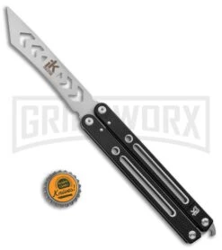 Instaknives Black Aluminum Balisong Tanto Trainer/Live Blade - Satin Dull/Plain -Gerber Knives Store Instaknives Black Balisong Tanto Trainer Blade GX 37598 jr bottlecap large