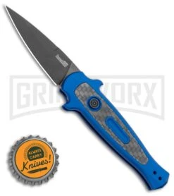 Kershaw Launch 12 Blue Aluminum/CF Mini Stiletto Automatic Knife - Black Plain -Gerber Knives Store Kershaw Launch 12 Mini Stiletto Automatic Knife Blue 2.5 Black 7125BLUBLK BHQ 117960 LS Spine large