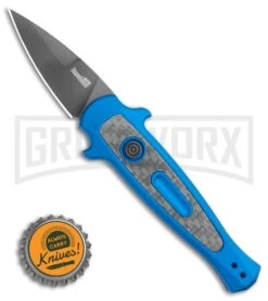 Kershaw Launch 12 CA Legal Blue Mini Stiletto Automatic Knife - Black Plain -Gerber Knives Store Kershaw Launch 12 Mini Stiletto Automatic Knife Blue 2.5 Black 7130BLUBLK BHQ 117930 LS Bottlecap large
