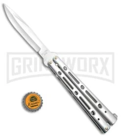 Mega Flick XL Silver Balisong Butterfly Knife - Satin Plain -Gerber Knives Store Mega Flick XL Balisong Butterfly Silver M 132 SL BP 19707 jr bottlecap large