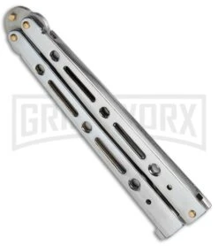 Mega Flick XL Silver Balisong Butterfly Knife - Satin Plain -Gerber Knives Store Mega Flick XL Balisong Butterfly Silver M 132 SL BP 19707 jr side large