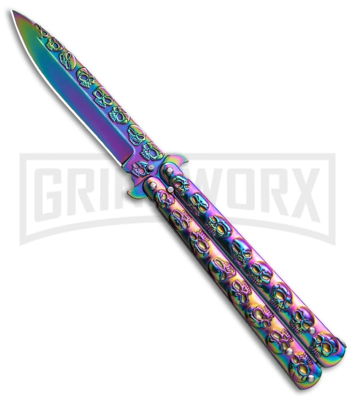 Rainbow Skull Balisong Drop Point Butterfly Knife 1 Rainbow Skull Balisong Drop Point Butterfly Knife