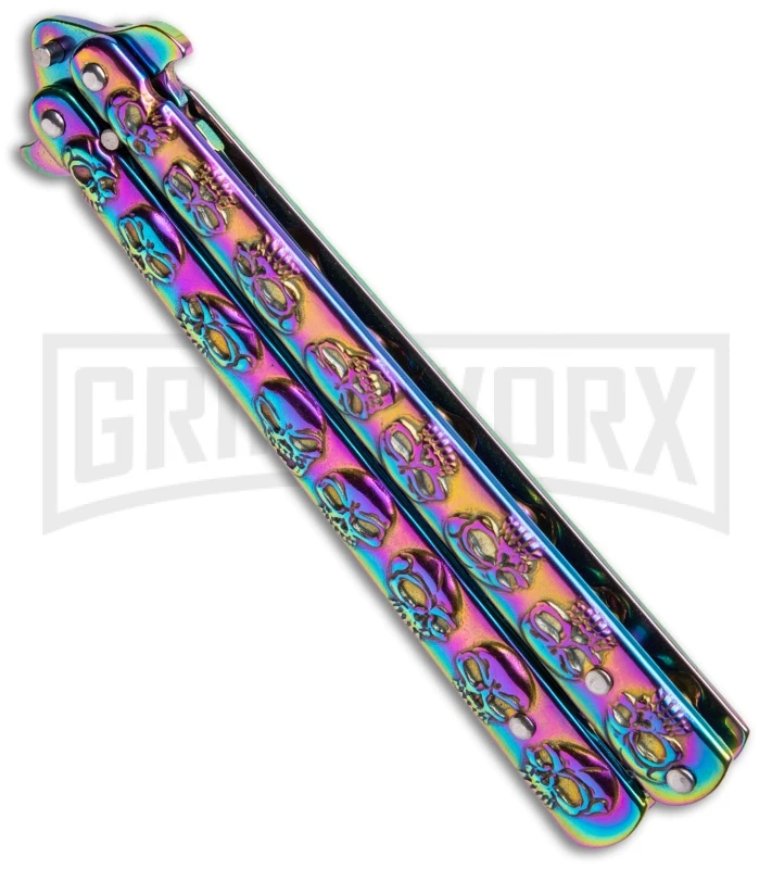 Rainbow Skull Balisong Drop Point Butterfly Knife 3 Rainbow Skull Balisong Drop Point Butterfly Knife - Image 3