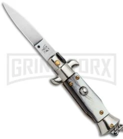 SKM 4" Italian Stiletto Brazilian Horn Automatic Knife Keychain - Flat Grind