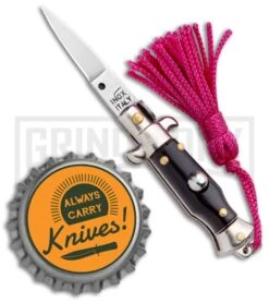 Italian Stiletto Black Automatic Knife Pink Keychain - Flat Grind -Gerber Knives Store SKM Italian Stiletto Keychain Auto Black Pink Satin BHQ 102936 jr bottlecap large