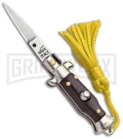 Italian Stiletto Brown Automatic Knife Yellow Keychain - Flat Grind